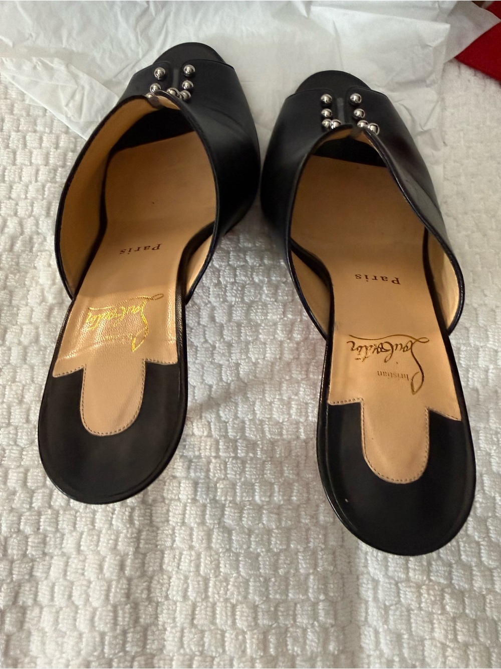Christian Louboutin Black Leather Open-Toe Studded Mules - Picture 7 of 10
